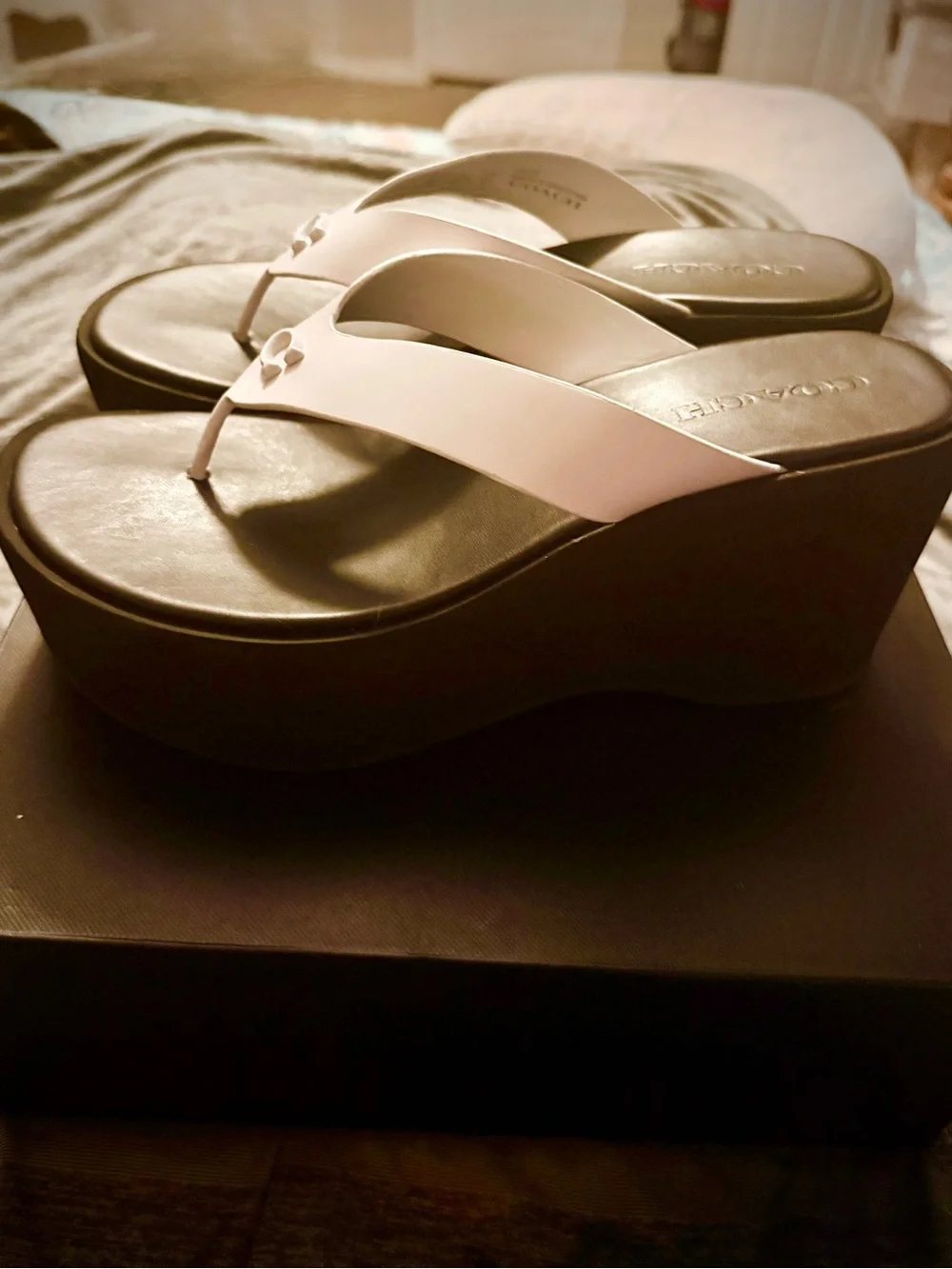 Coach White Leather Platform Thong Sandals with Signature 'C'